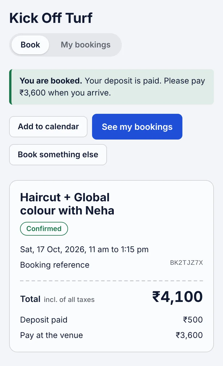 Phone screen: booking confirmed, deposit paid, rest to pay at the venue