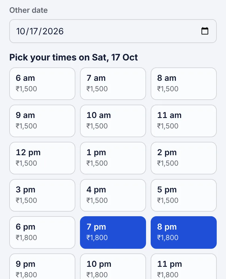Phone screen: picking 7 pm and 8 pm on Saturday, evening rates shown